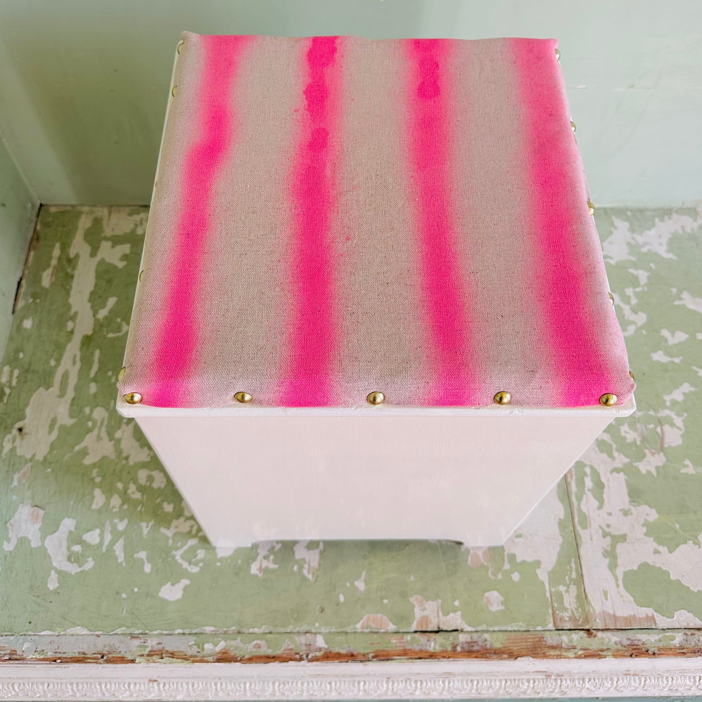 Upholstered Vintage Mex Storage Box Seat in Linen Neon Stripe