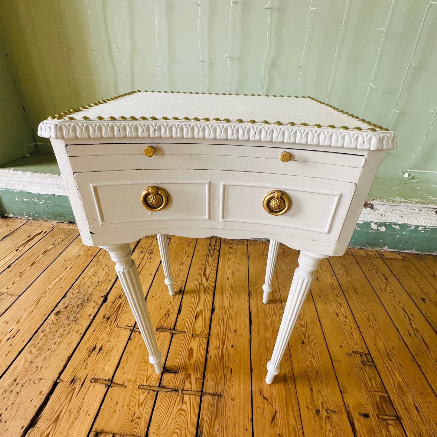 Upcycled Sustainable Side Table with Linen Top & Storage Drawer