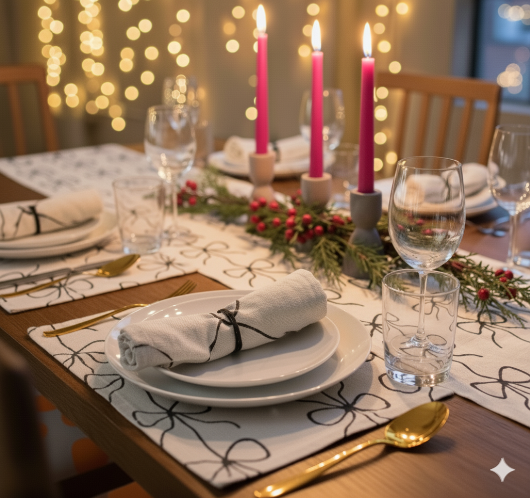 Hand-Painted Bow print Linen Table Placemats Linen Set of 2