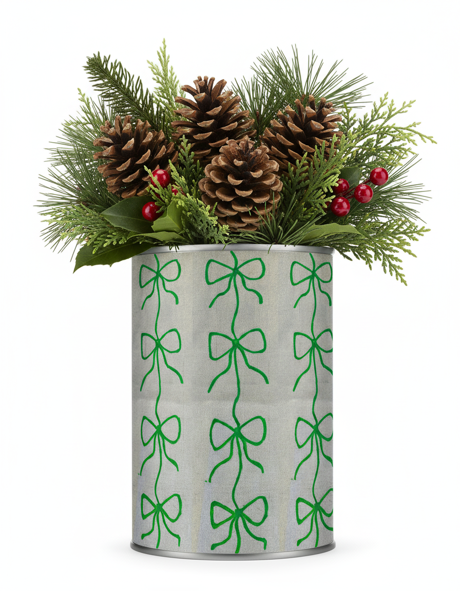 Upcycled & Repurposed Linen Tin Holder in 'Bow' Christmas print
