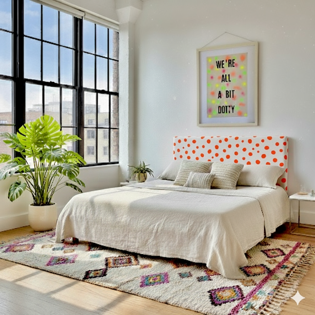 Hand-painted Upholstered Linen Headboard in Polka Dot print Double size