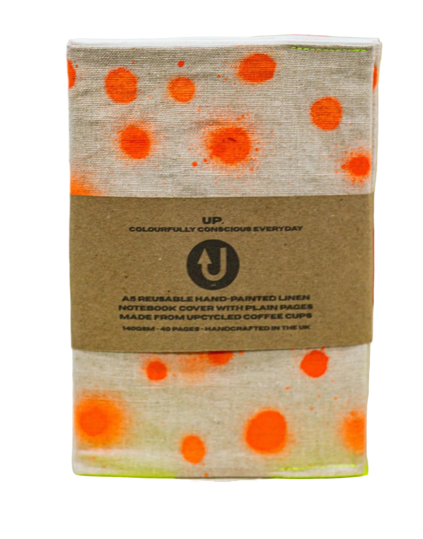 Upcycled A5 Notebook using reused coffee cups & Repurposed Linen Off-cut "We're All a Bit Dotty" print