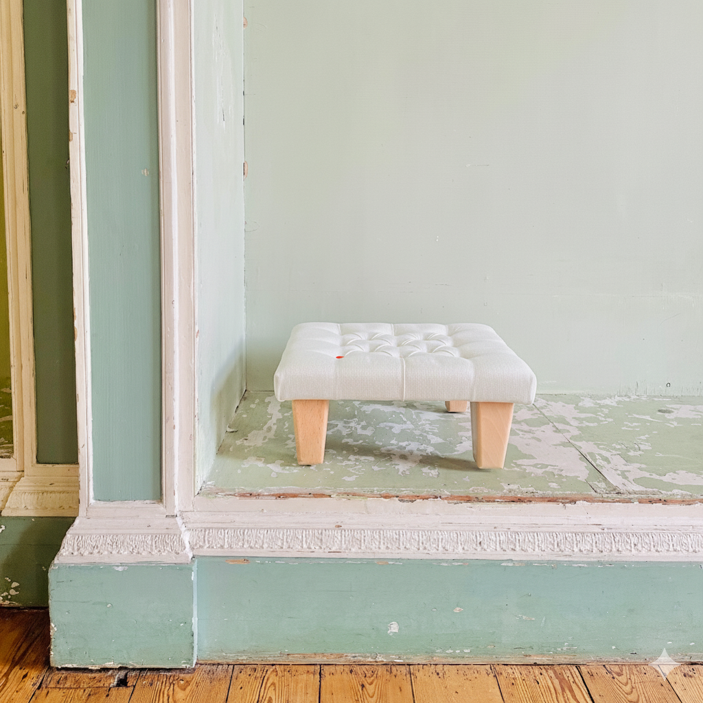 Upholstered Linen Square Footstool with contrast Button Tufting