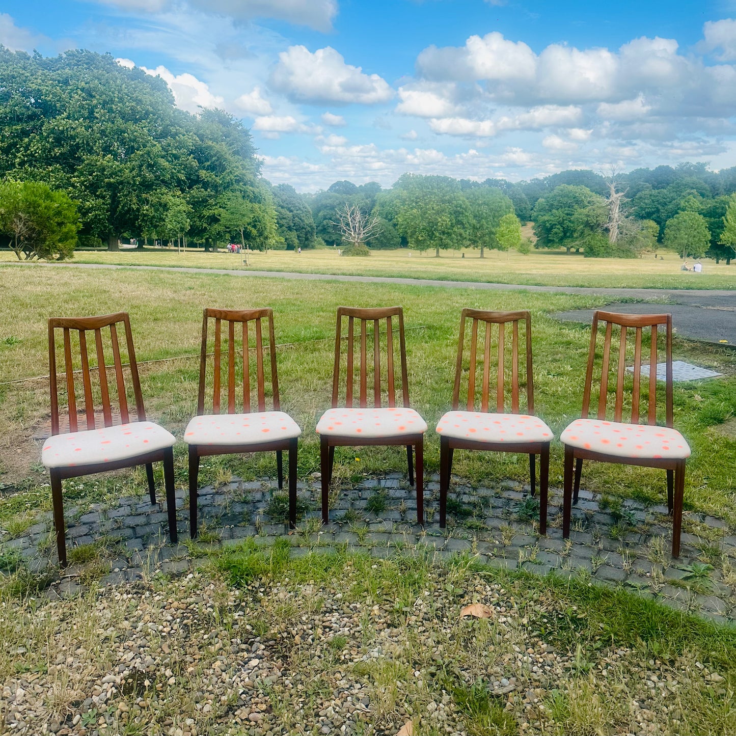 Upholstered Vintage G-Plan Dining Chairs Set of 5 in Linen Print