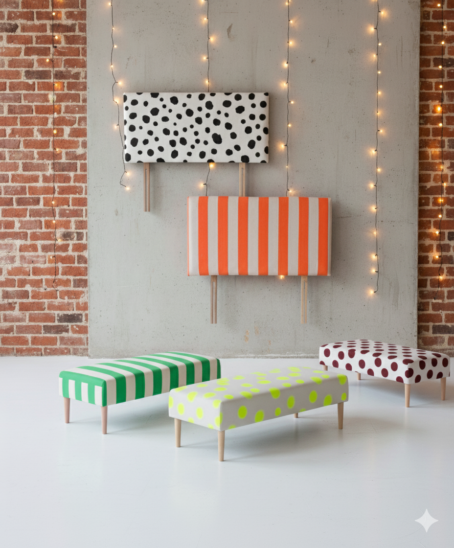 Hand-painted Upholstered Linen Headboard in Polka Dot print Double size