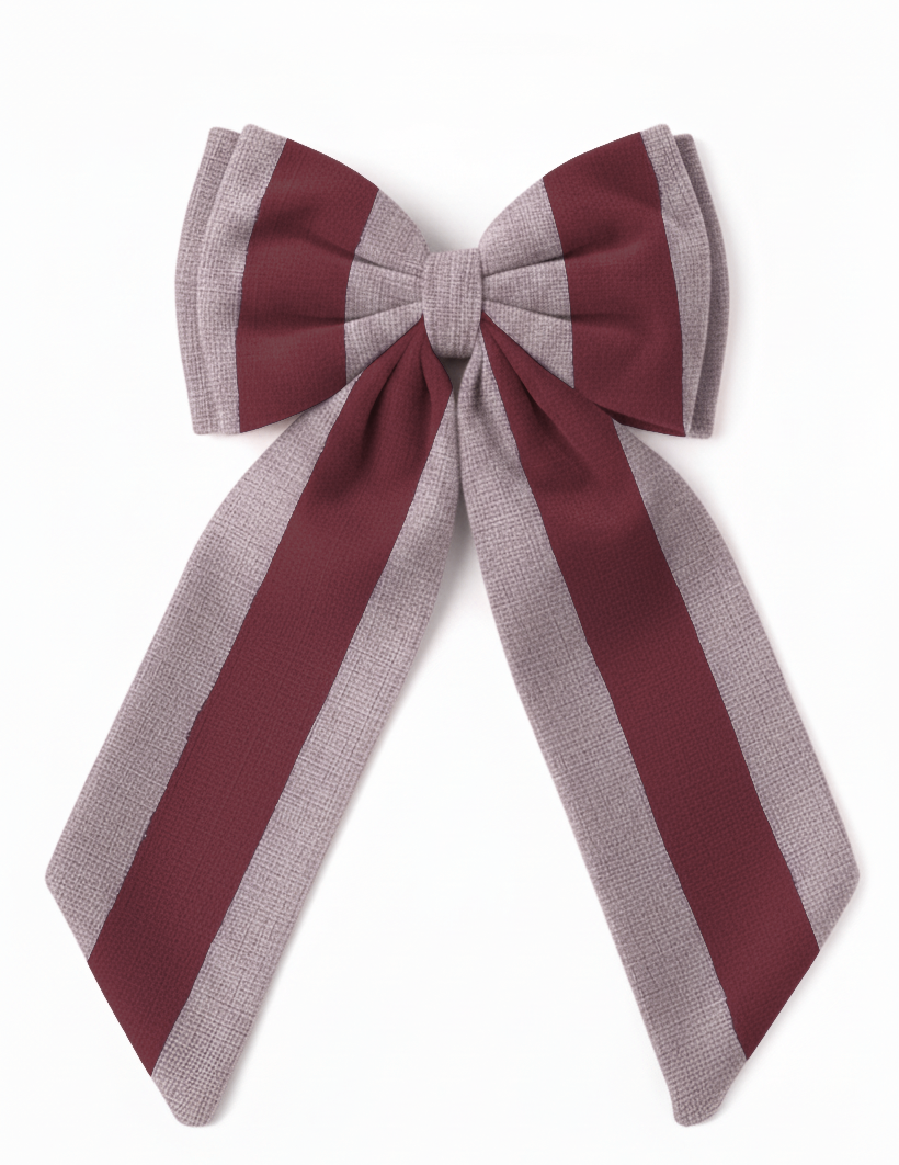 sustainable oversized burgundy bow stripe hanging Christmas decoration made off linen off-cuts