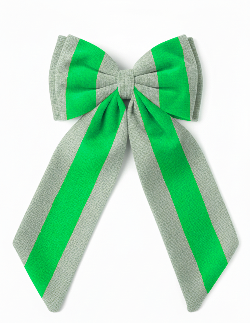 sustainable oversized bow green stripe hanging Christmas decoration made off linen off-cuts