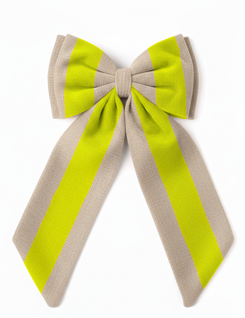 sustainable oversized bow yellow stripe hanging Christmas decoration made off linen off-cuts
