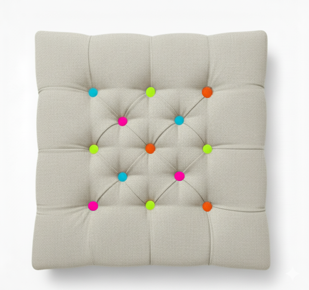 Upholstered Linen Square Footstool with contrast Button Tufting