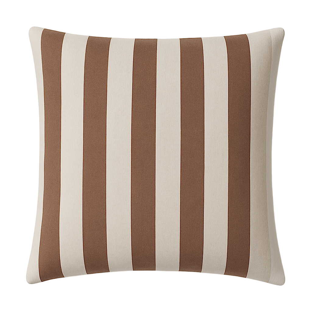 Striped pillow with brown and beige vertical stripes on a white background