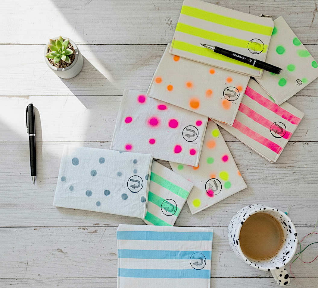 Upcycled A5 Notebook using reused coffee cups & Repurposed Linen Off-cut "We're All a Bit Dotty" print