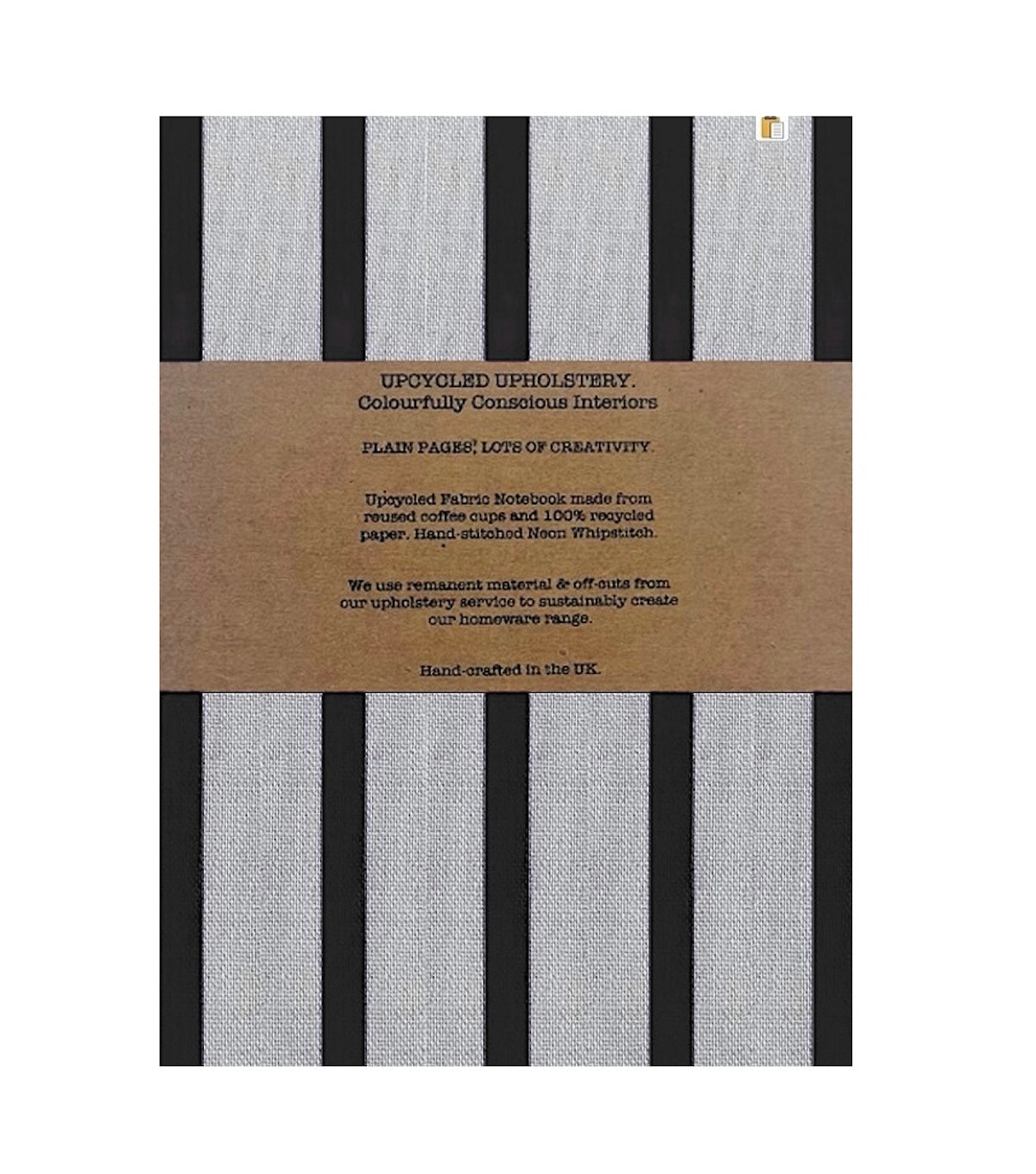 Upcycled upholstery linen notebook in black mono stripe reusable fabric cover