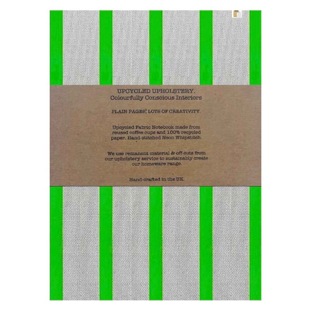 Sustainable linen notebook with removable reusable cover in neon green stripe print