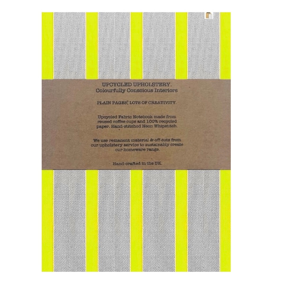 Sustainable linen notebook with removable reusable cover in neon yellow stripe print