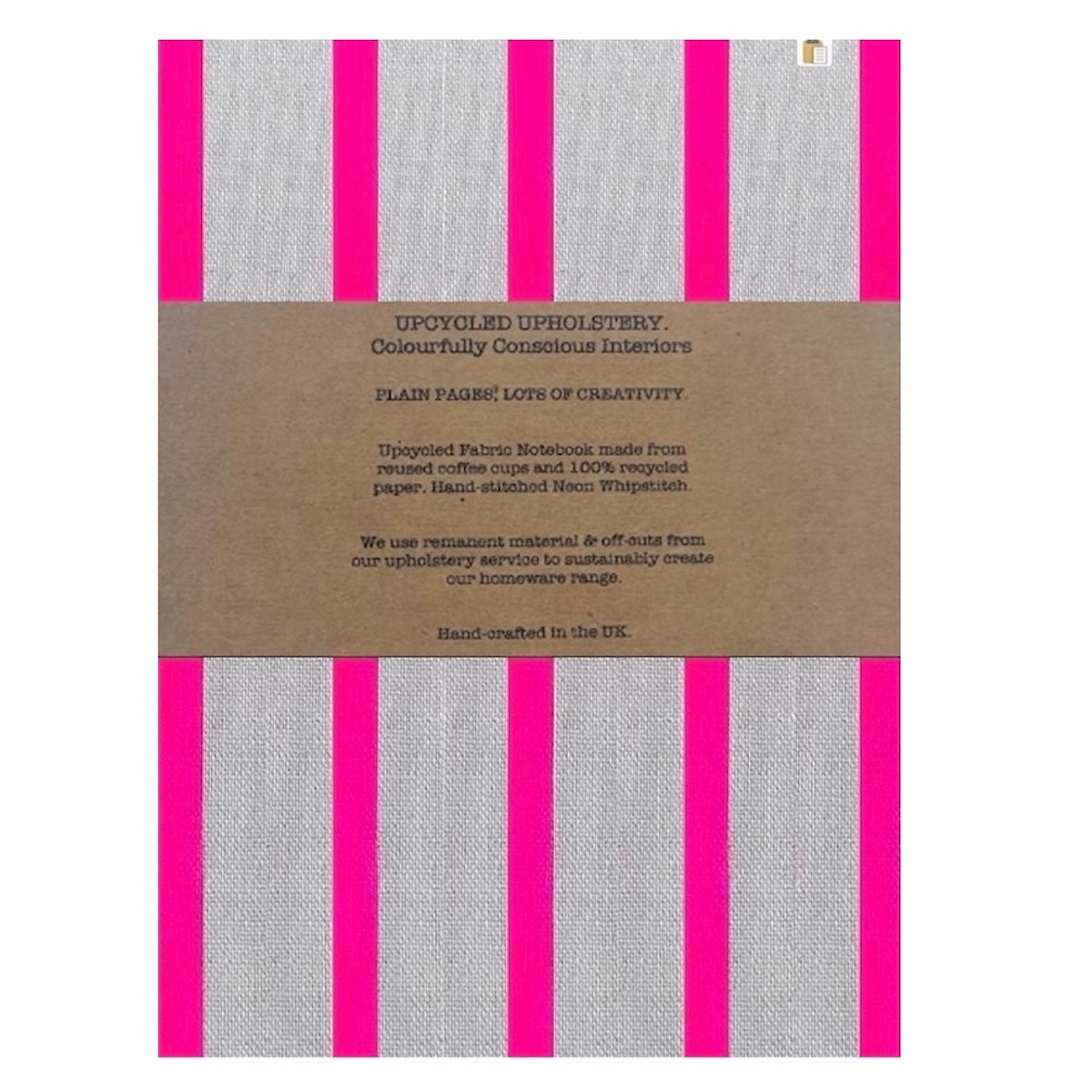 Sustainable linen notebook with removable reusable cover in neon pink stripe print