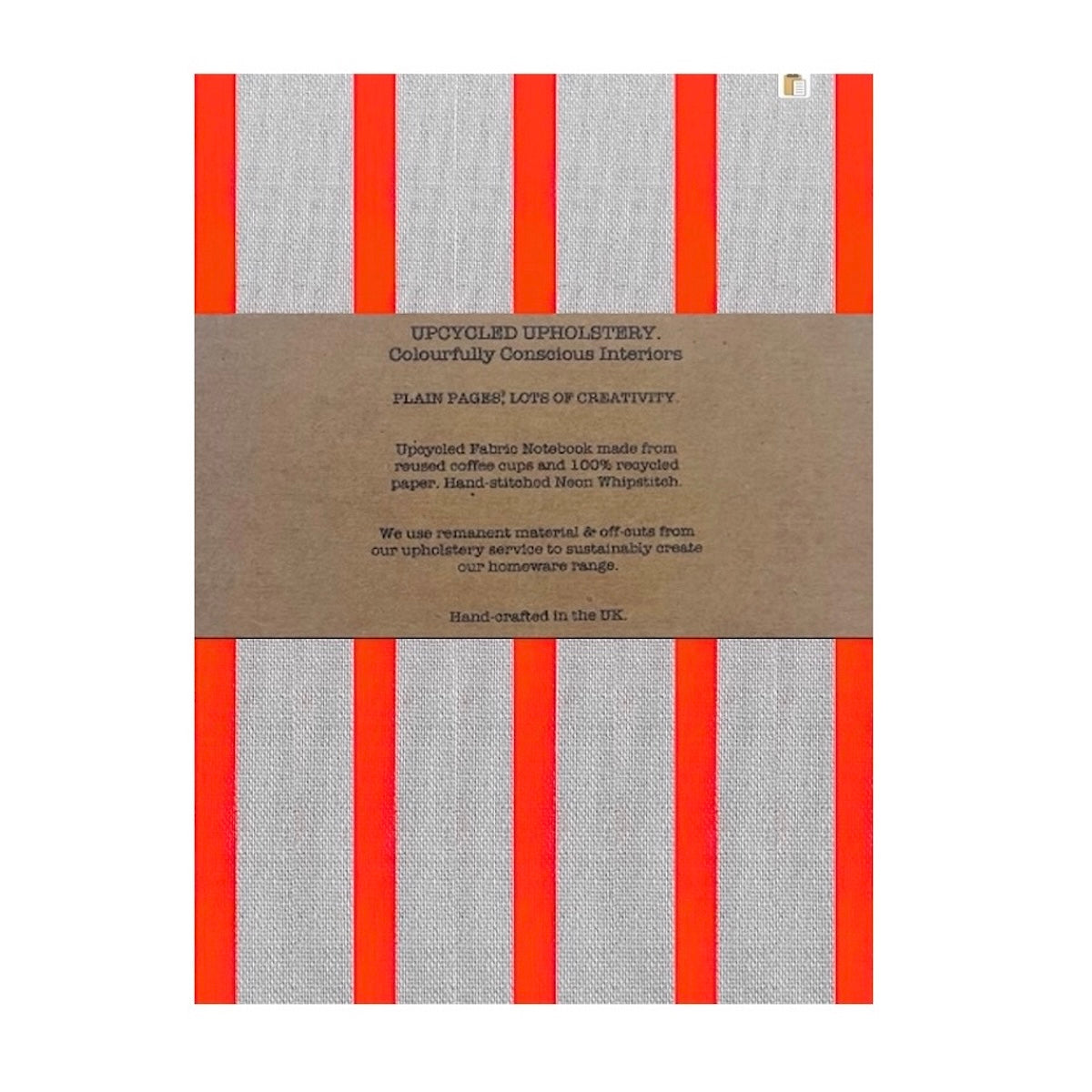 Sustainable linen notebook made with recycled coffee cups with reusable cover in neon orange stripe print