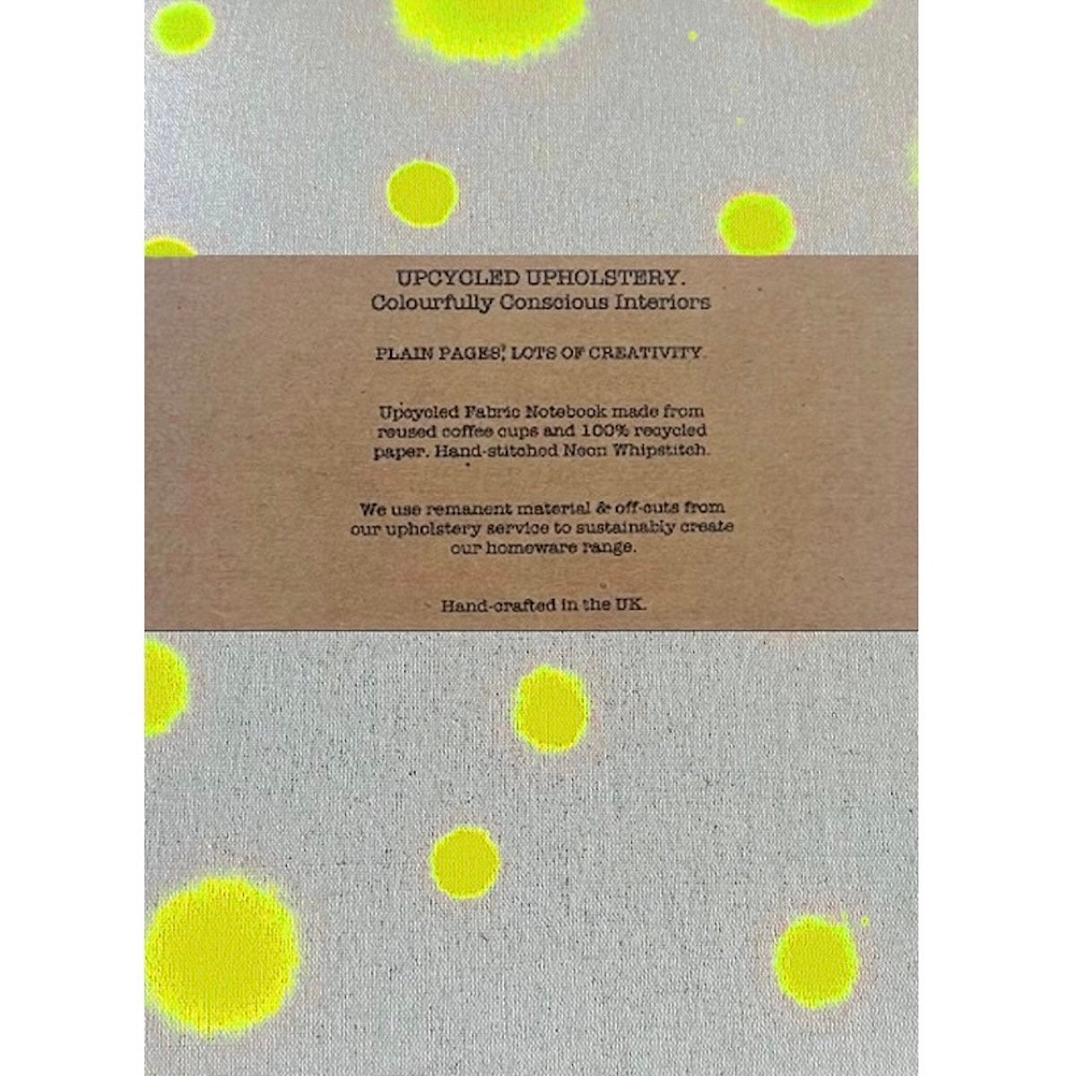 Upcycled linen fabric notebook with neon polka dots and reusable cover