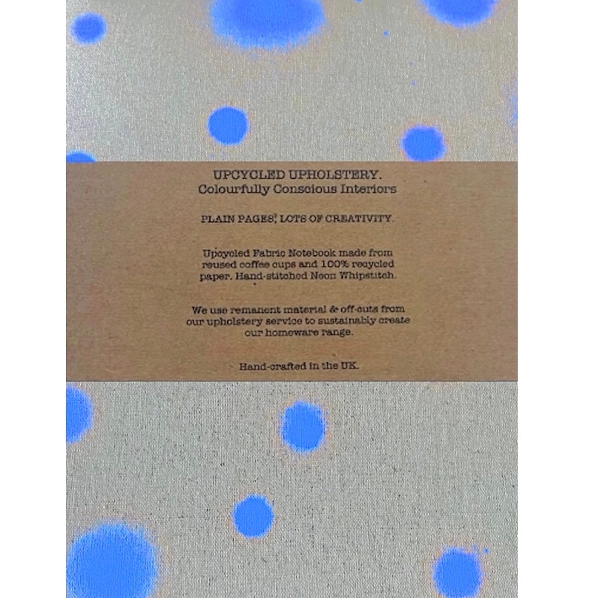 Notebook made from upcycled coffee cups with neon blue polka dot cover design