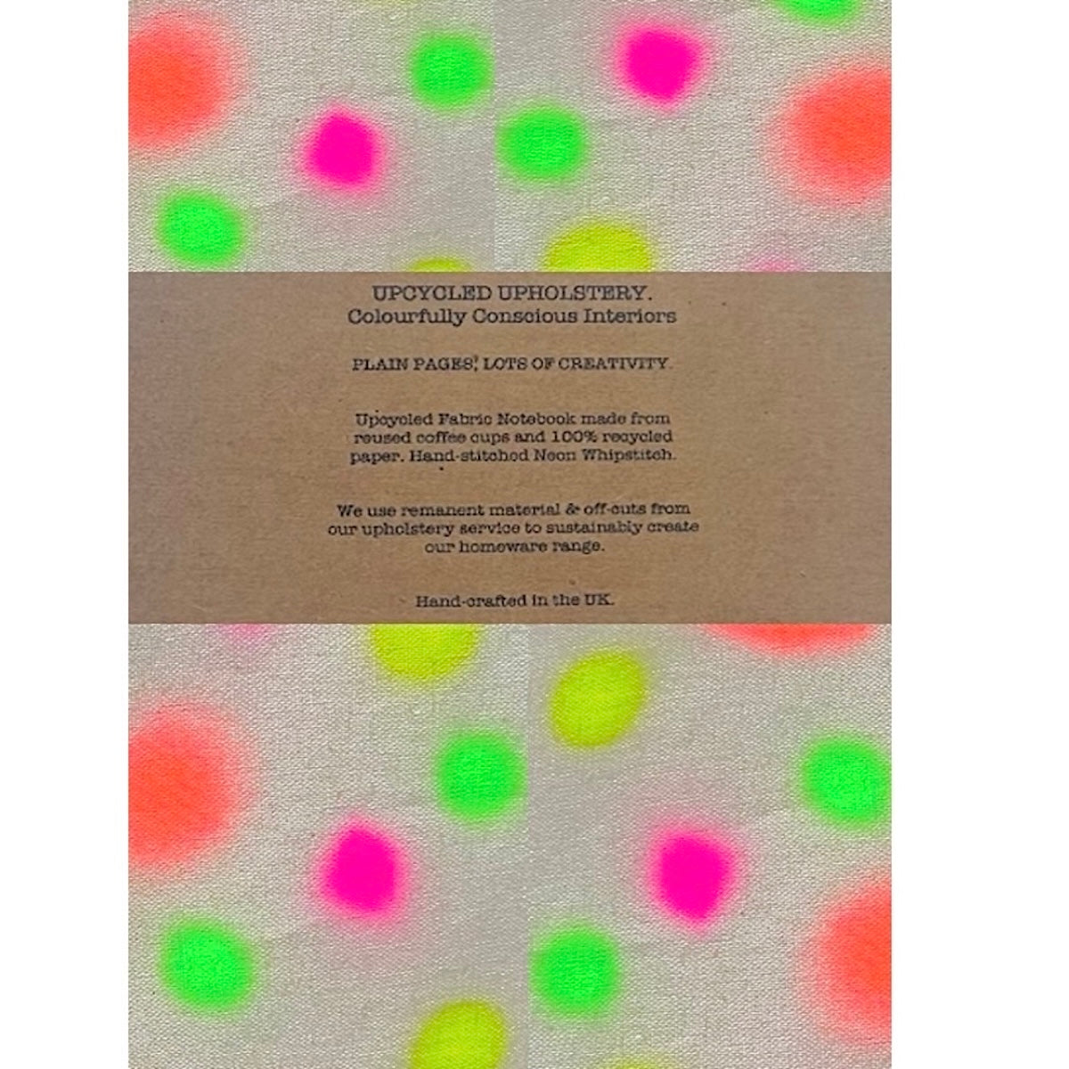 Recycled notebook with colourful multi polka dot print in natural linen made from off-cuts