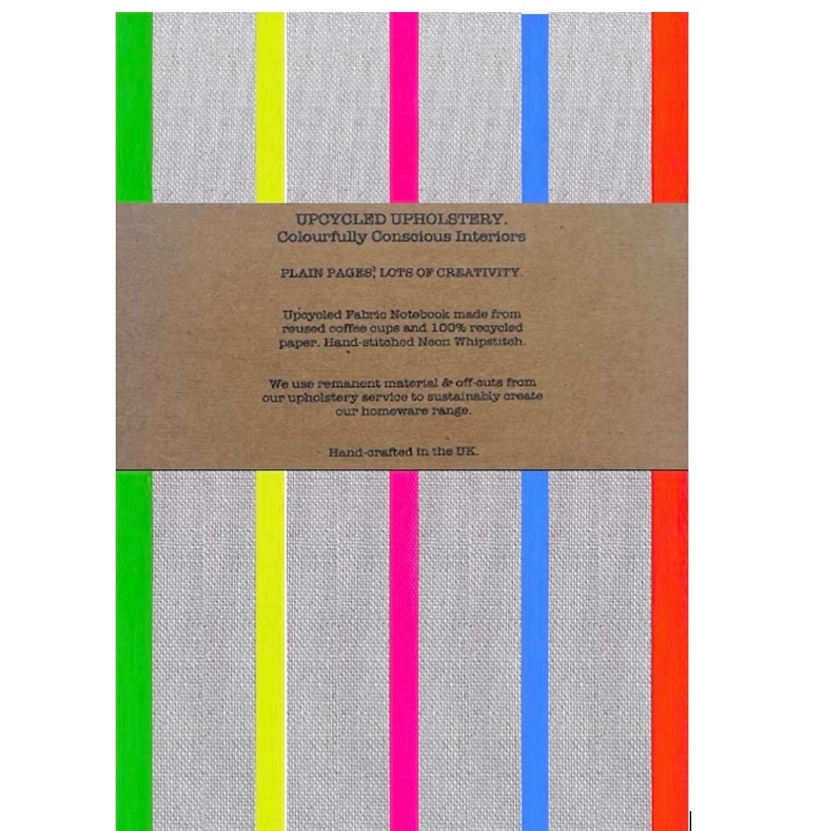 Eco-friendly linen notebook made from linen off-cuts and recycled coffee cups in neon multi stripe print