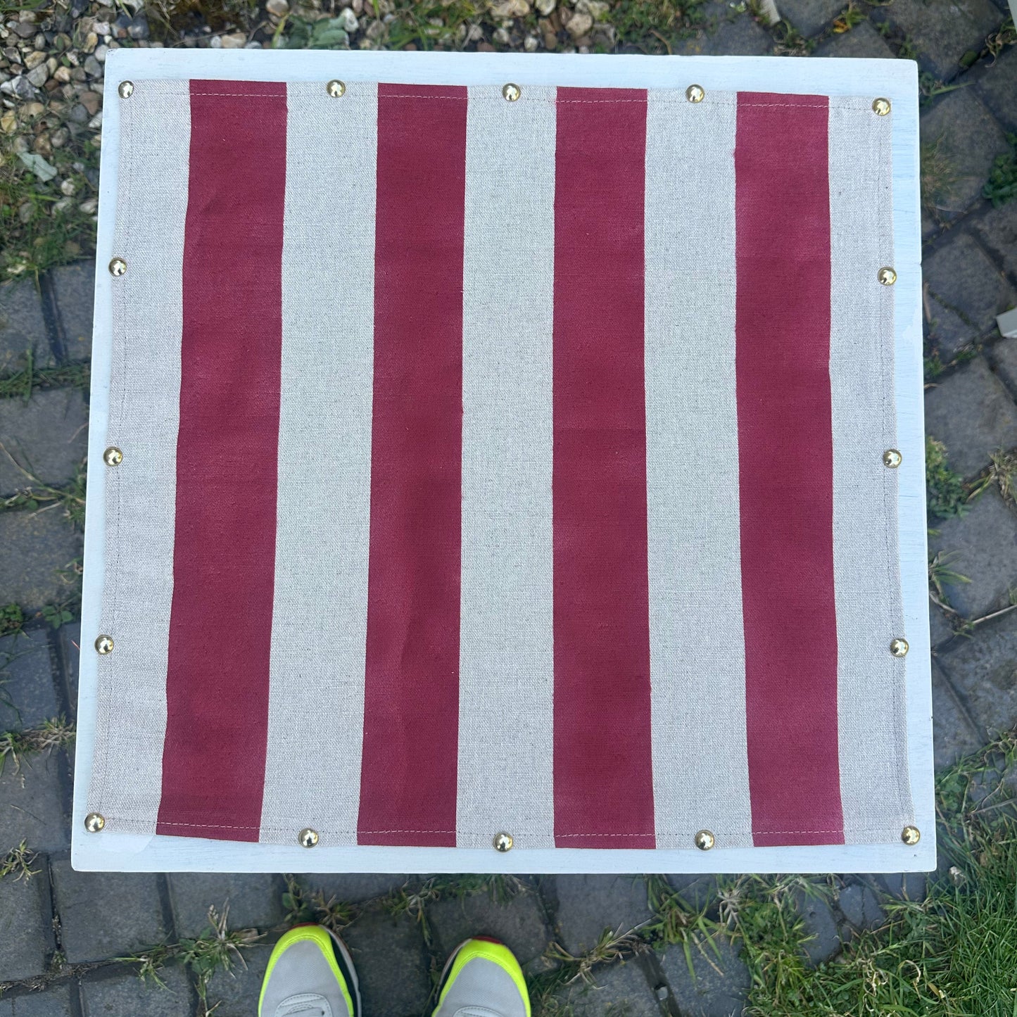 Vintage Upcycled Side Table | Hand-Painted Striped Linen Top & Gold Stud Detail