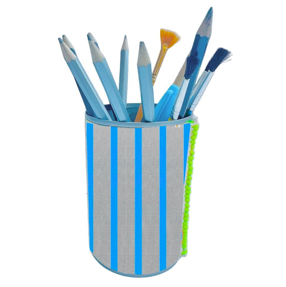 Upcycled pencil holder made from recycled tin can in colourful neon blue stripe