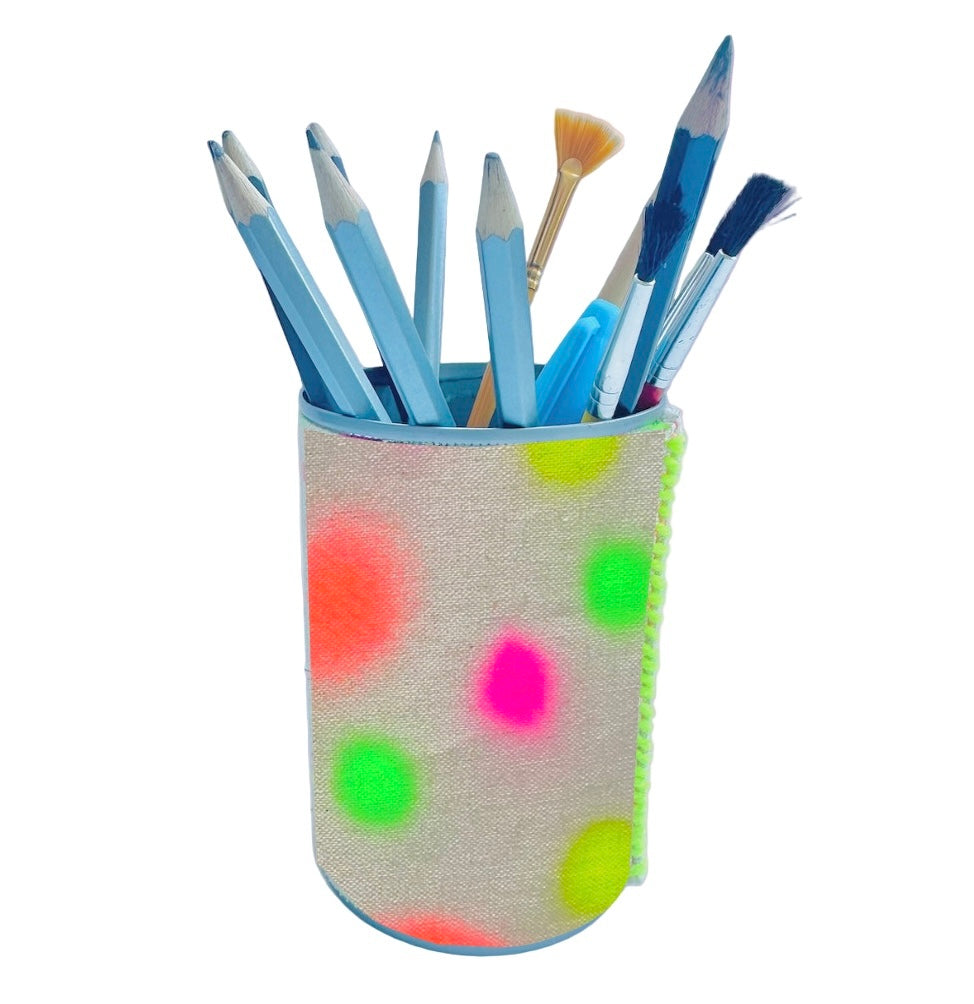 Upcycled tin holder using spray painted polka dot in colourful neon print on eco-friendly linen fabric