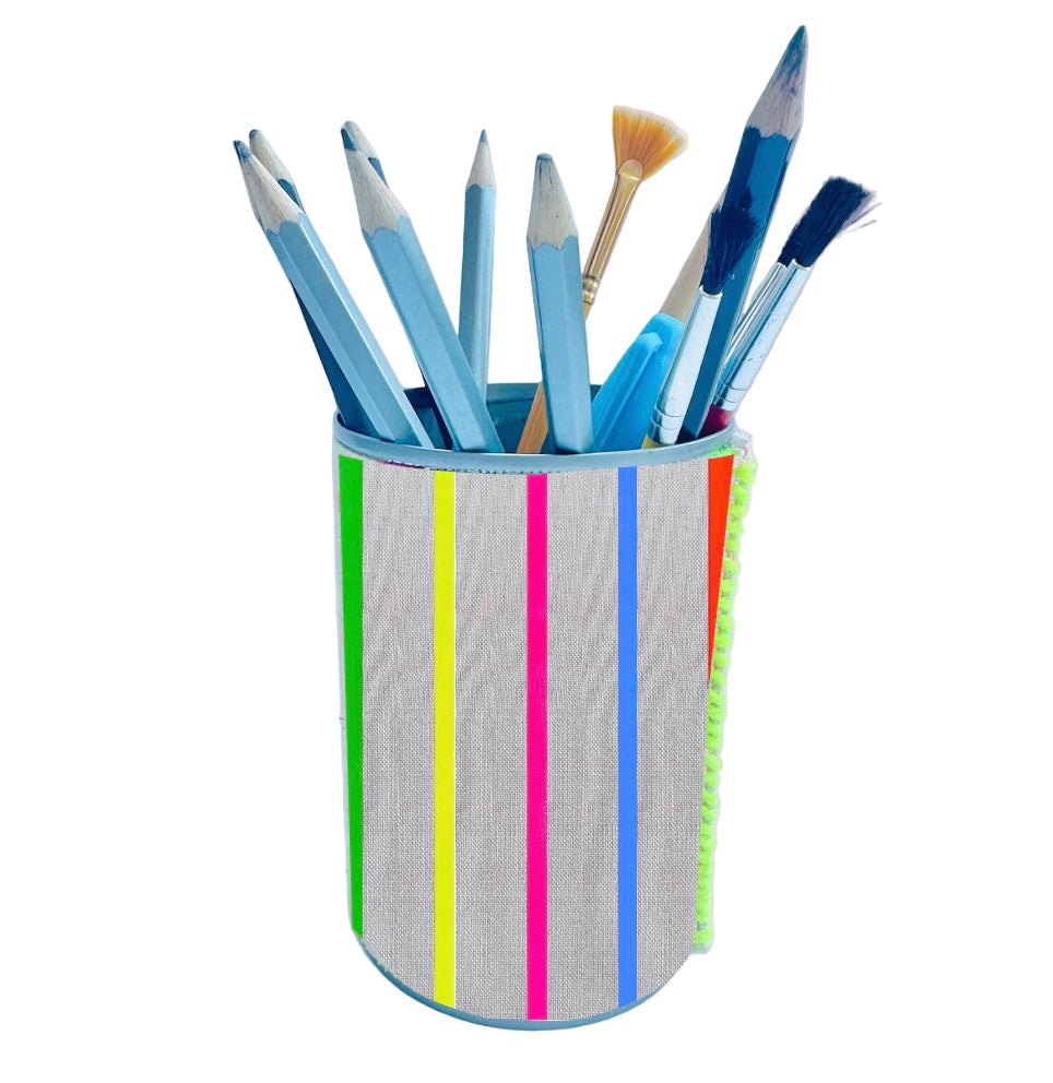 Colourful multi stripe in eco-friendly linen fabric upccyled pen holder