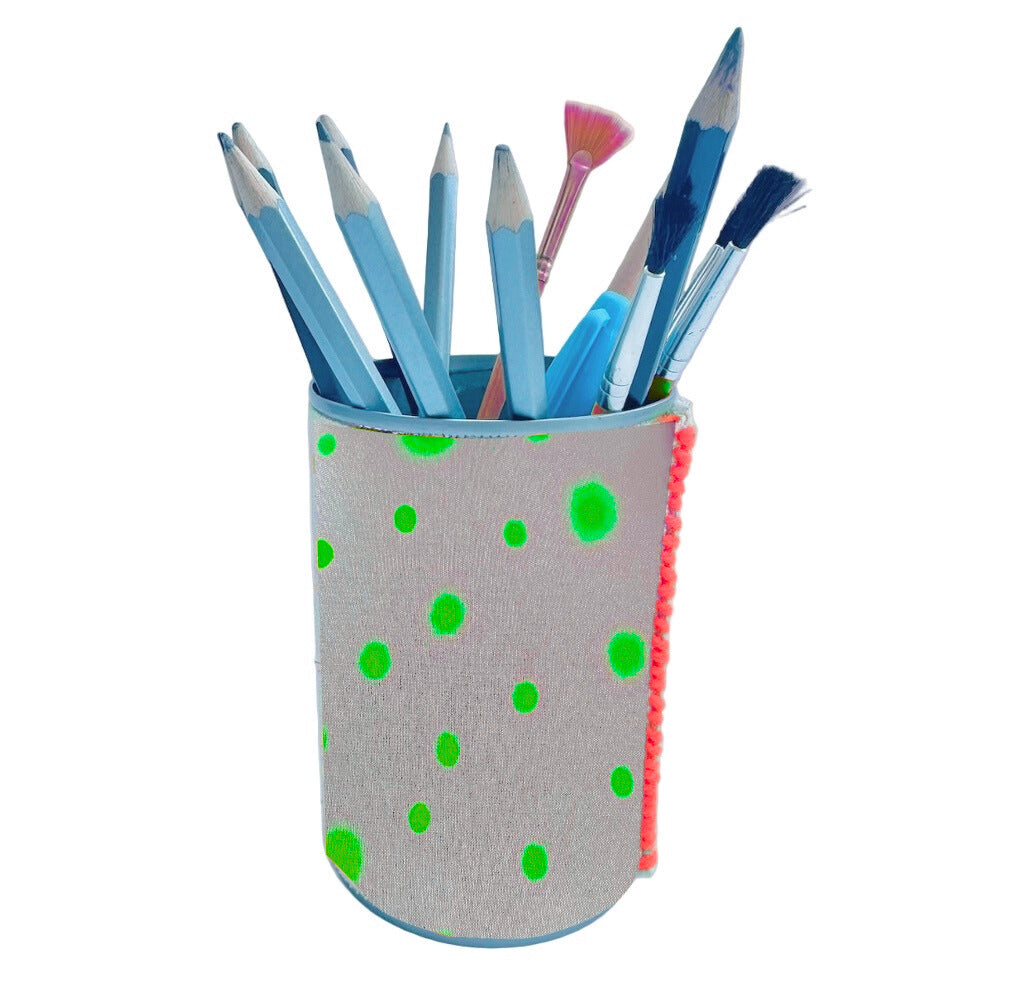 Upcycled tin holder using spray painted polka dot print in neon green on sustainable linen