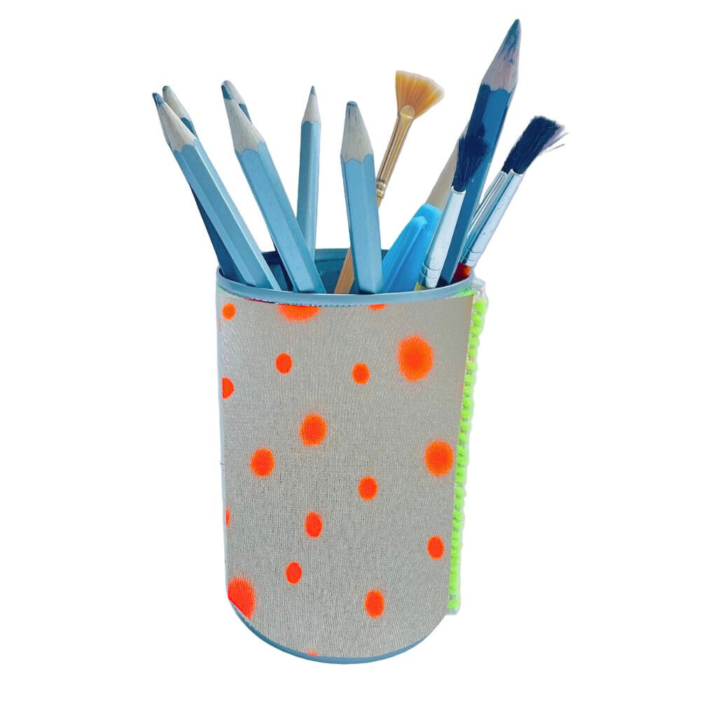 sustainable Stationary pen pencil holder in neon orange polka dot print