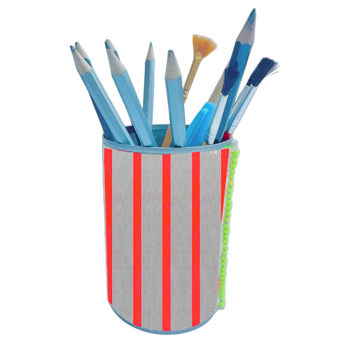 Upcycled tin can covered in striped linen fabric in neon orange stripe