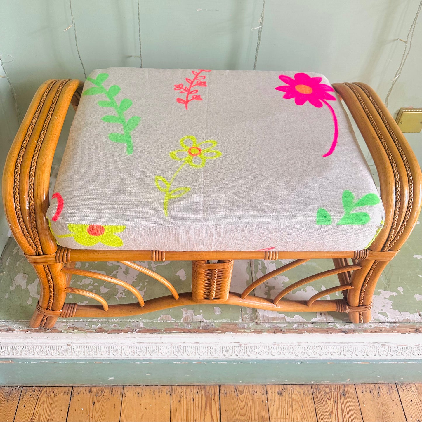 Upholstered Bamboo Sustainable Seat Linen/Cotton fabric in 'Grow Your Own Way' hand-illustrated print