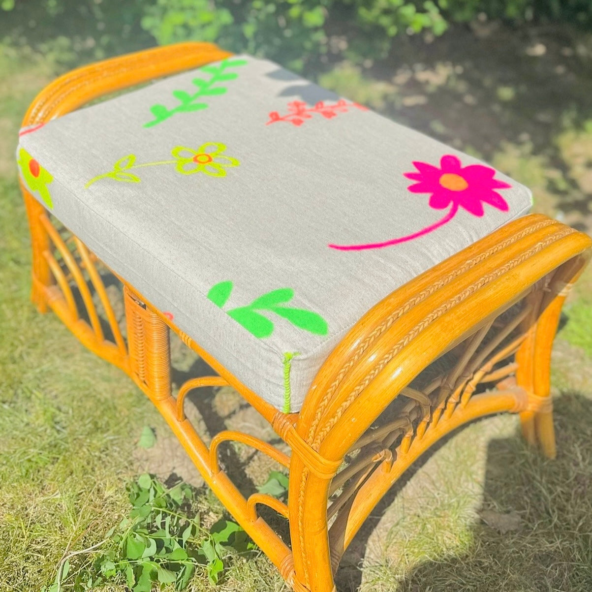 Upholstered Bamboo Sustainable Seat Linen/Cotton fabric in 'Grow Your Own Way' hand-illustrated print