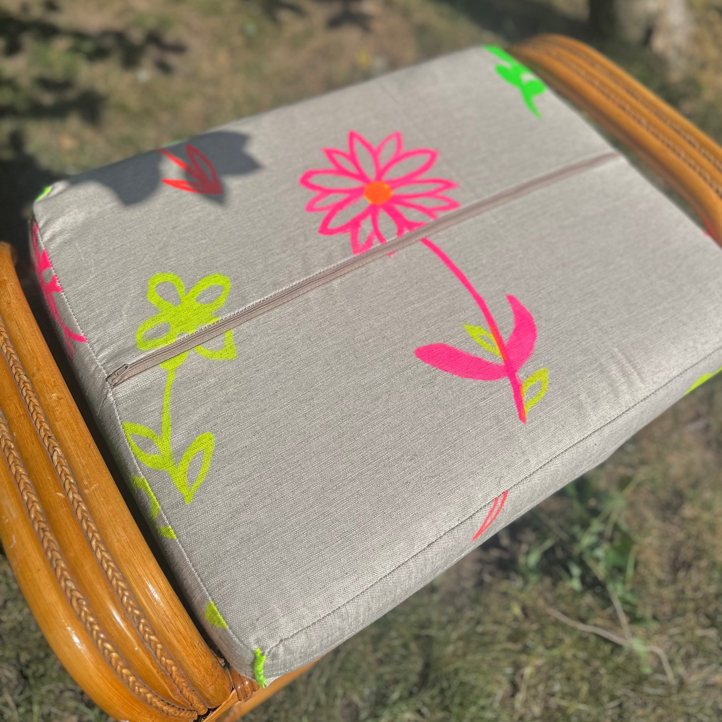 Upholstered Bamboo Sustainable Seat Linen/Cotton fabric in 'Grow Your Own Way' hand-illustrated print