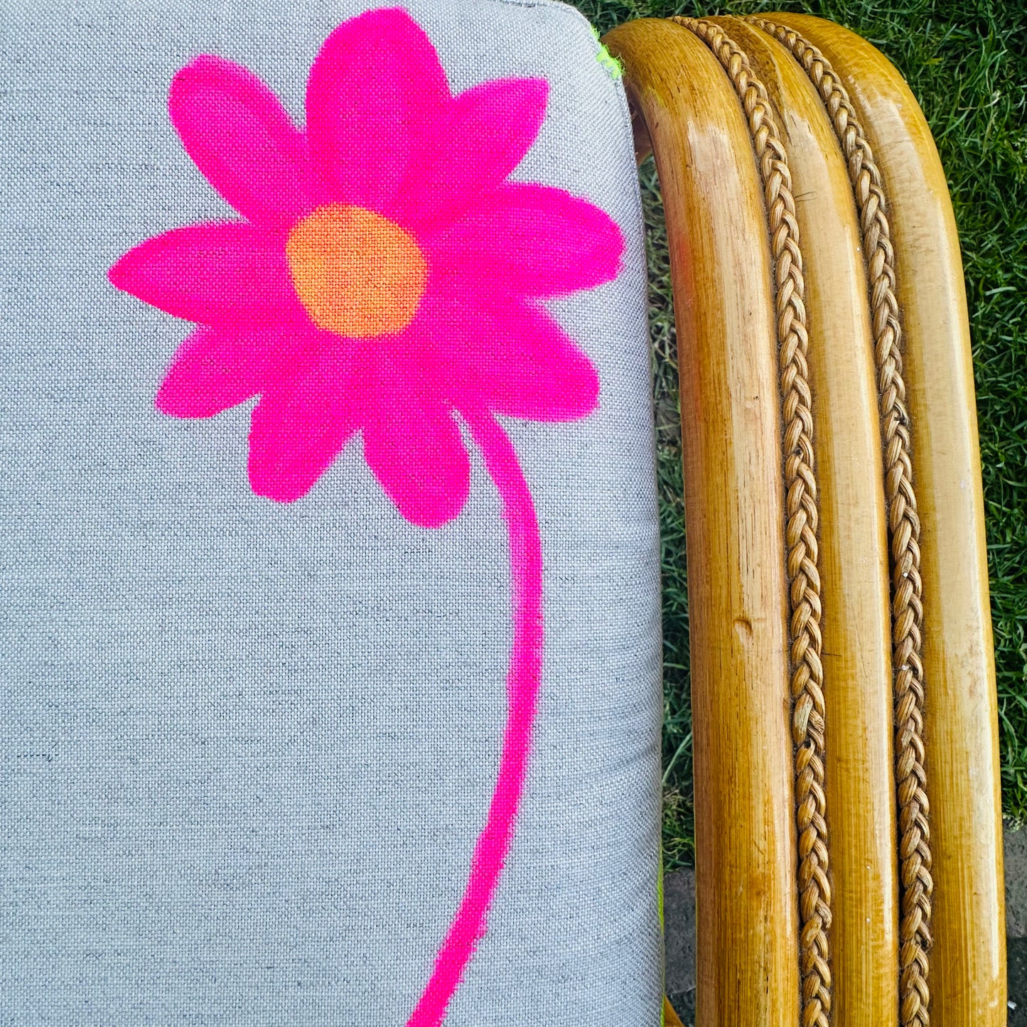 Upholstered Bamboo Sustainable Seat Linen/Cotton fabric in 'Grow Your Own Way' hand-illustrated print