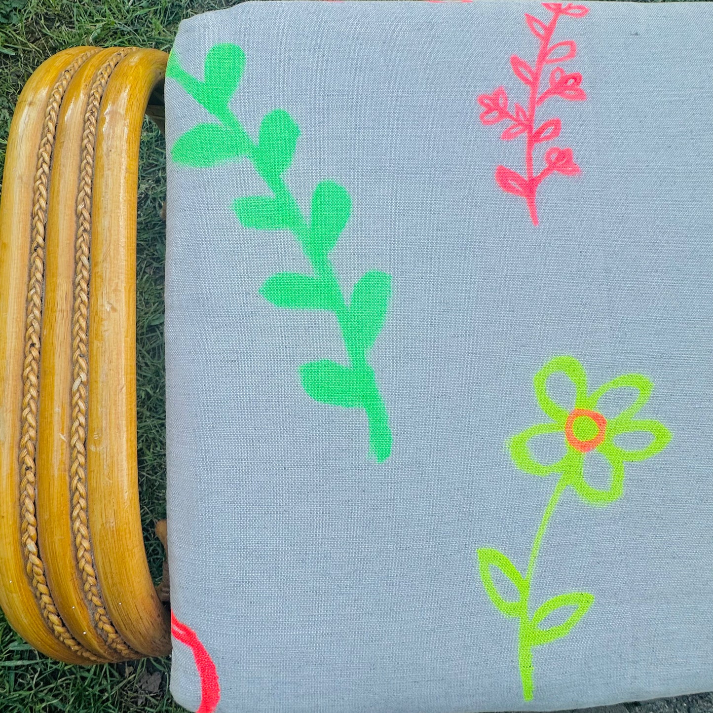 Upholstered Bamboo Sustainable Seat Linen/Cotton fabric in 'Grow Your Own Way' hand-illustrated print