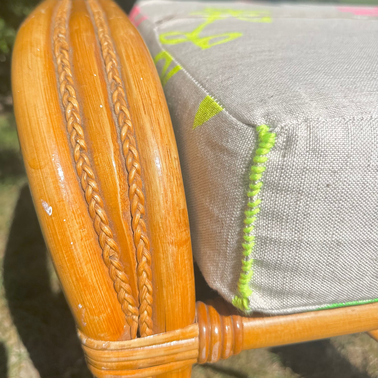 Upholstered Bamboo Sustainable Seat Linen/Cotton fabric in 'Grow Your Own Way' hand-illustrated print