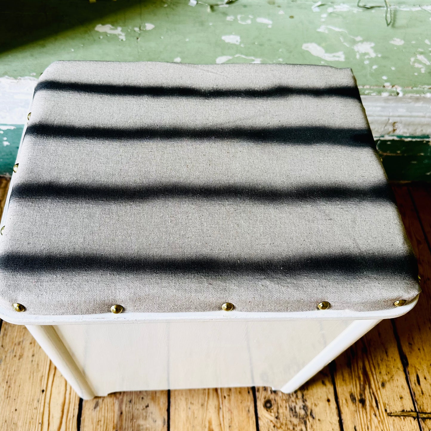 Upholstered Vintage Mex Storage Box Seat in Linen Stripe Print