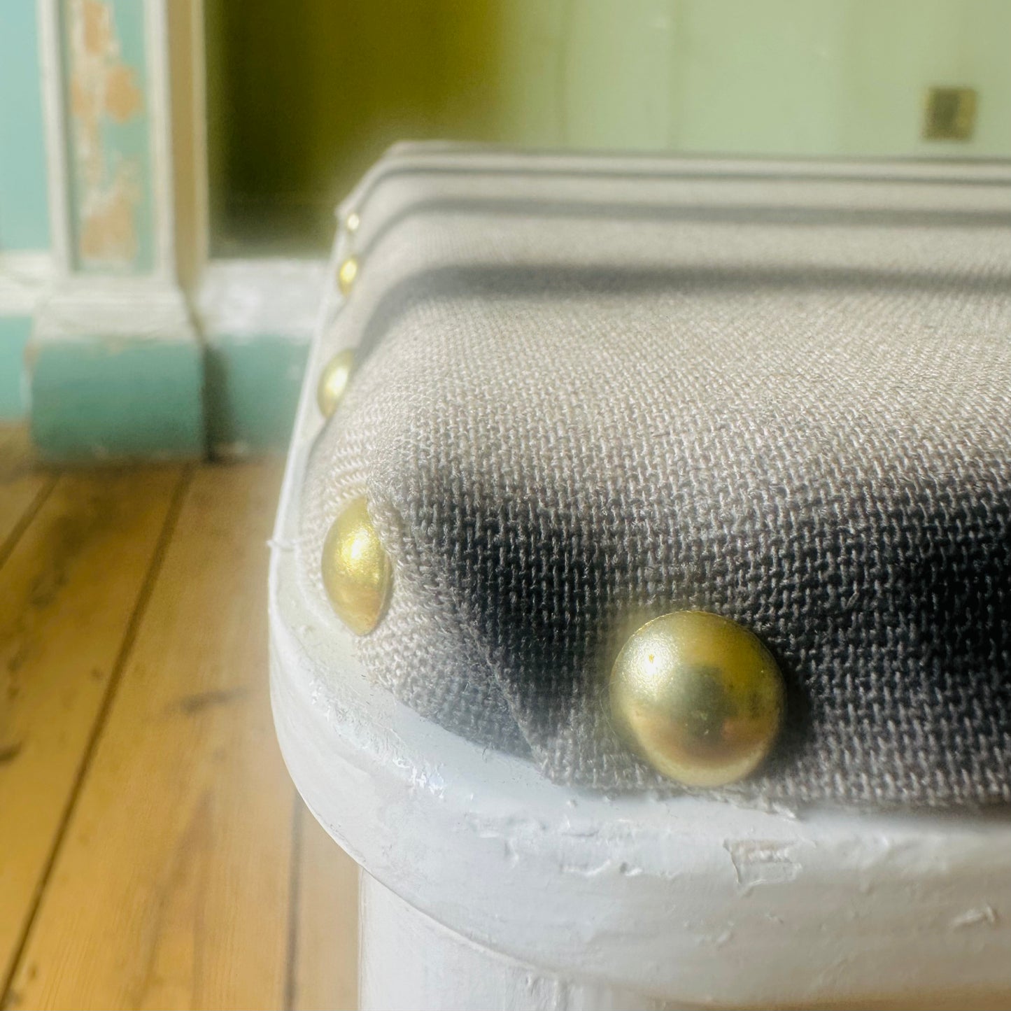 Upholstered Vintage Mex Storage Box Seat in Linen Stripe Print