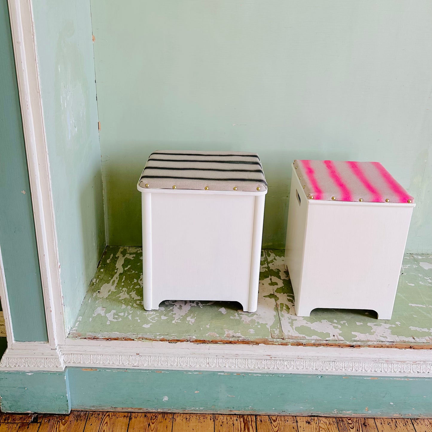 Upholstered Vintage Mex Storage Box Seat in Linen Neon Stripe