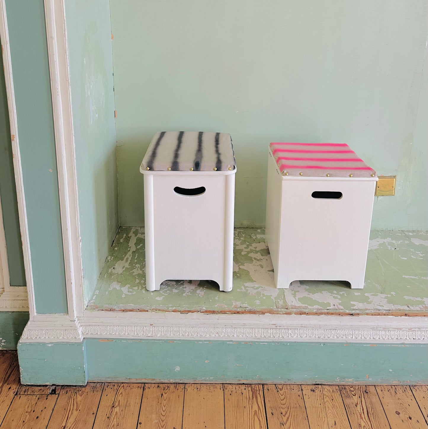 Upholstered Vintage Mex Storage Box Seat in Linen Stripe Print