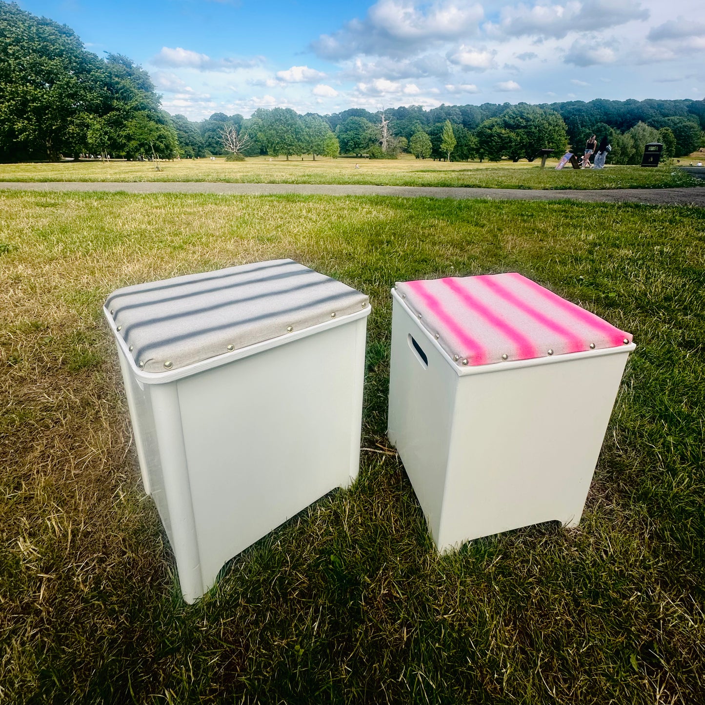 Upholstered Vintage Mex Storage Box Seat in Linen Neon Stripe
