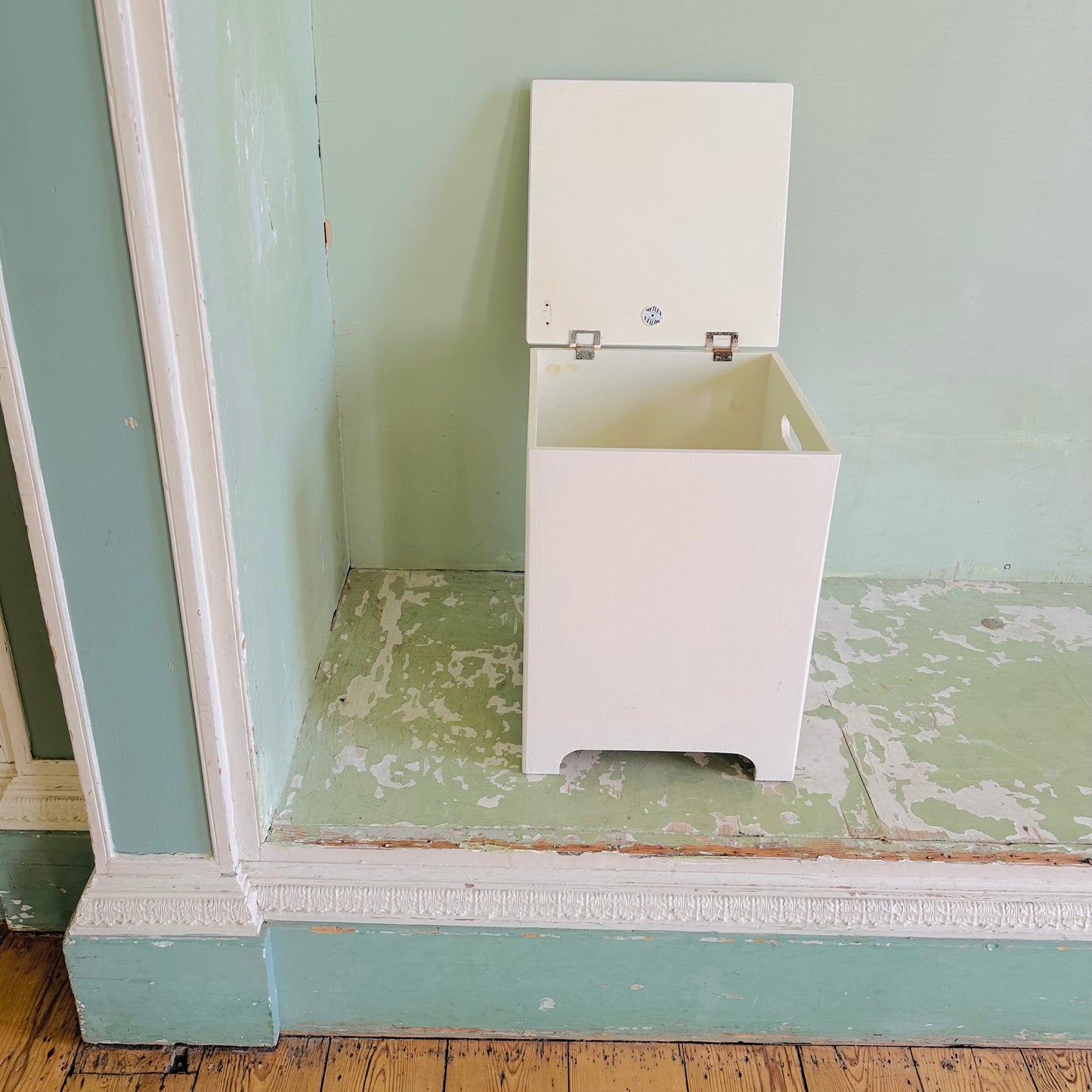Upholstered Vintage Mex Storage Box Seat in Linen Neon Stripe