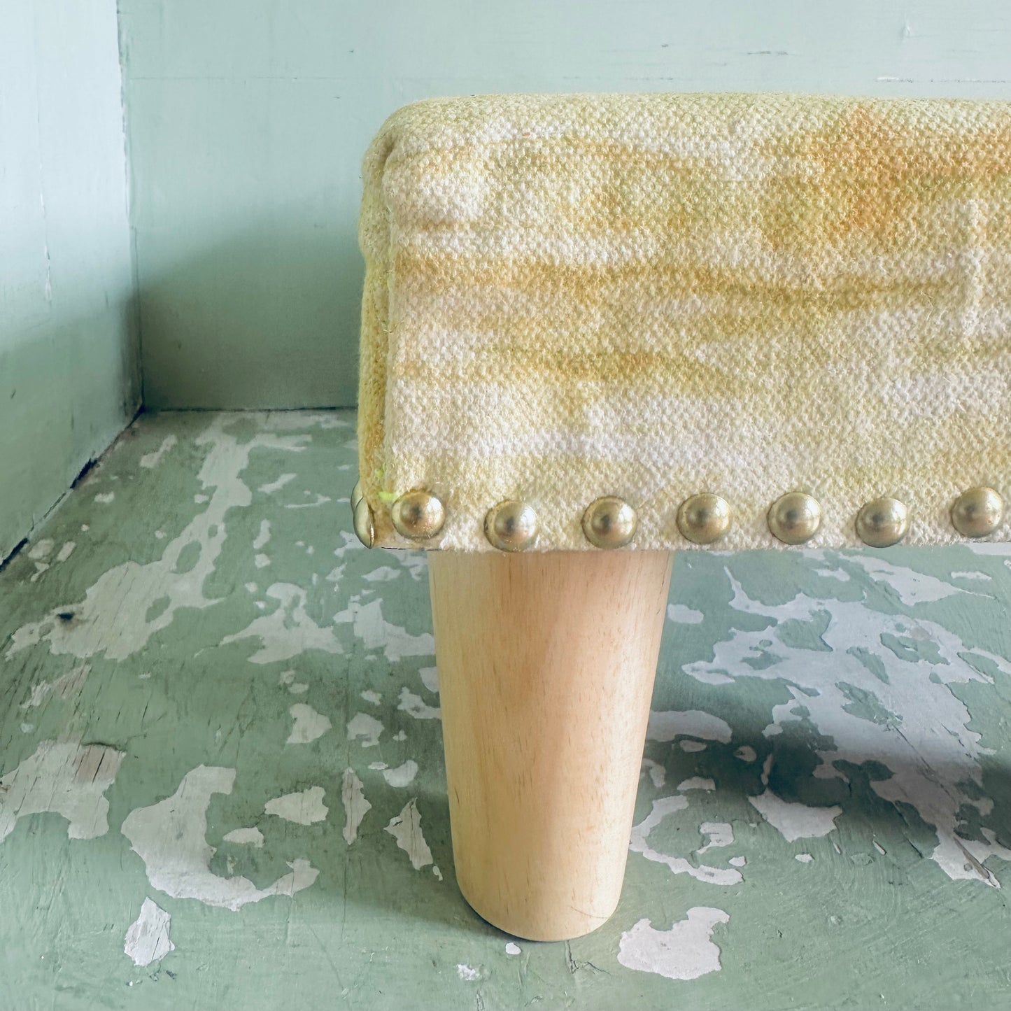 Sustainable Upholstered Studded Footstool in Marbled Lime Cotton
