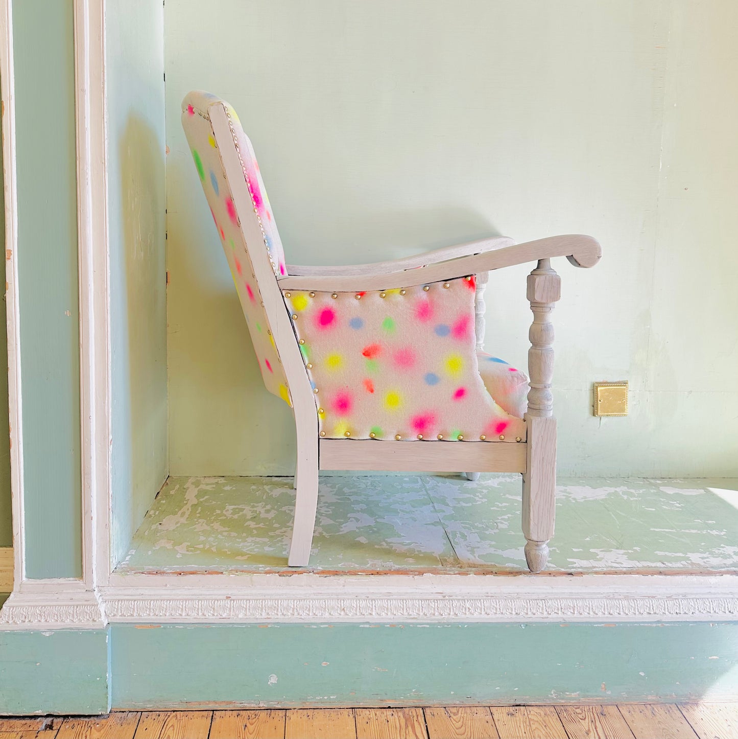 Upholstered & Upcycled Vintage 1950s Armchair in Sustainable Linen Print
