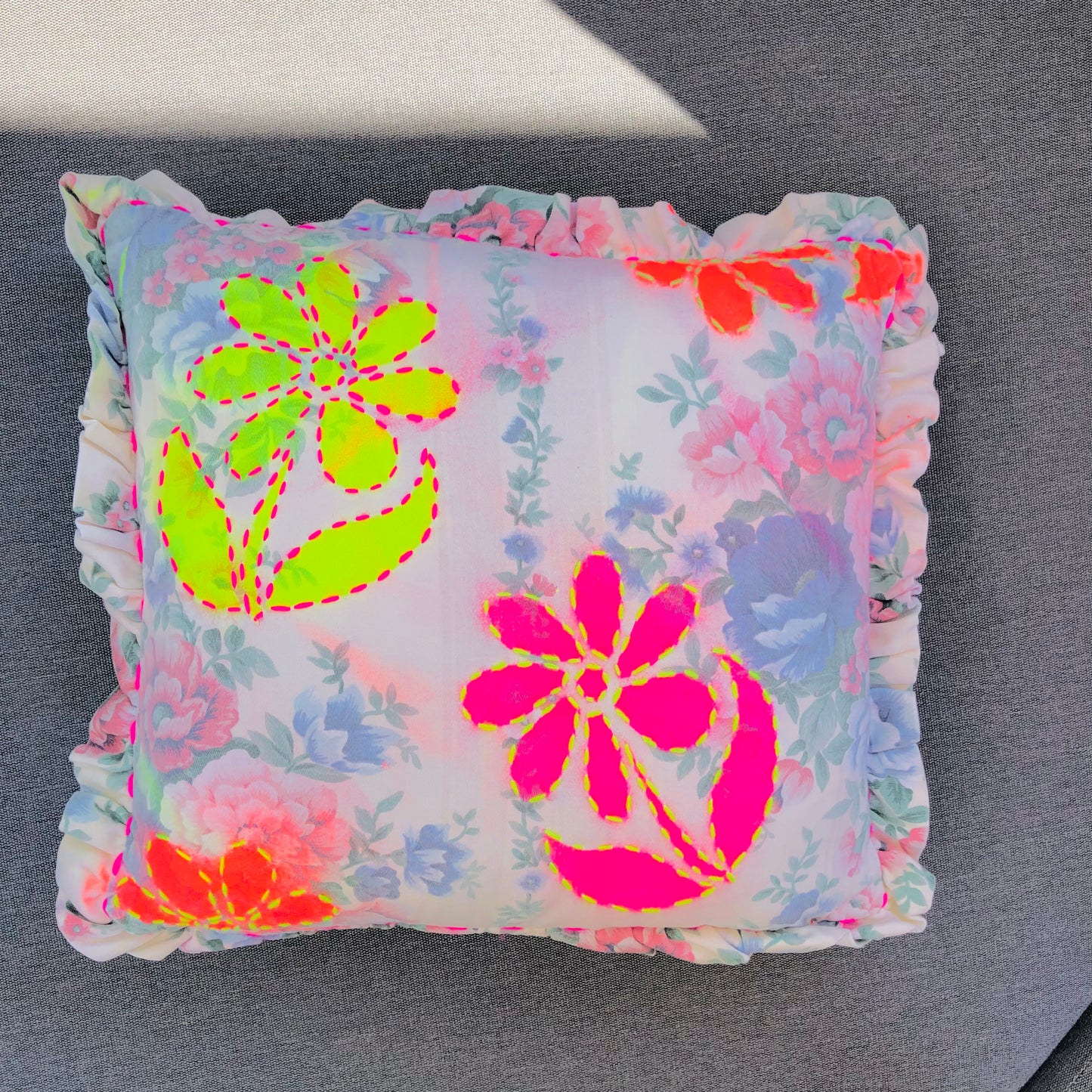 Upcycled Vintage Floral Frill Cushion