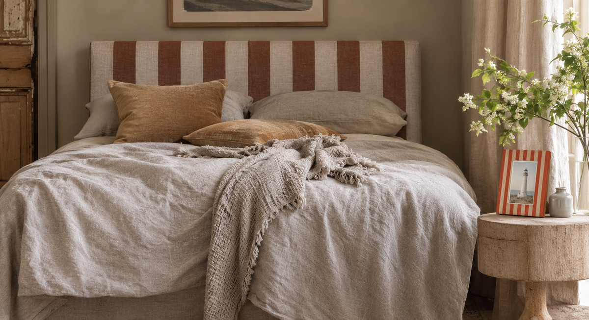A styled bed in a warm neutral bedroom setting, featuring a striped upholstered headboard in beige and rust tones, layered with textured beige linens, pillows, and a fringed throw blanket. A small wooden side table with flowers and a framed picture sits beside the bed.