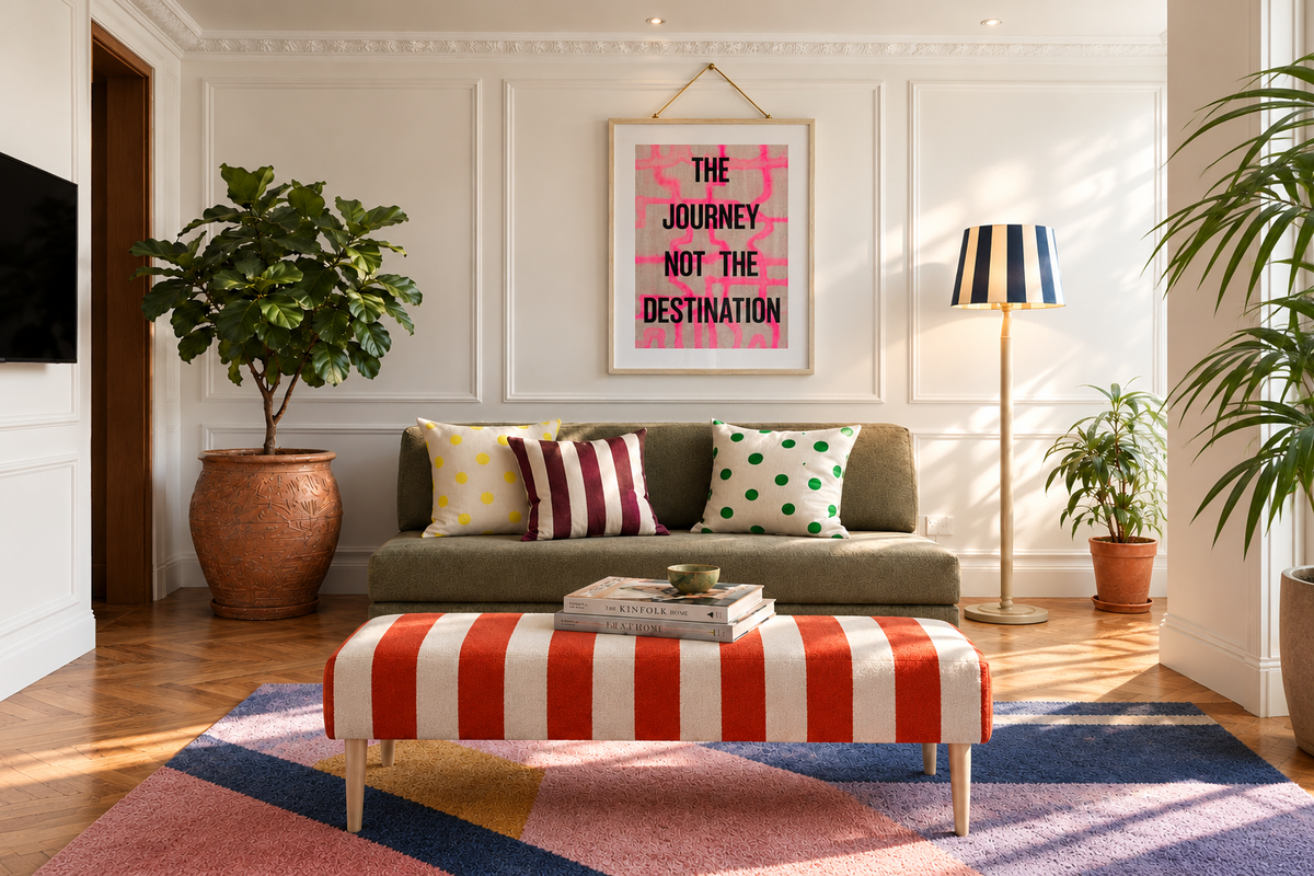 A styled living room interior with a green sofa, colorful throw pillows, a striped red-and-white ottoman, a blue-and-pink rug, potted plants, a floor lamp, and a framed wall print reading “THE JOURNEY NOT THE DESTINATION.”.