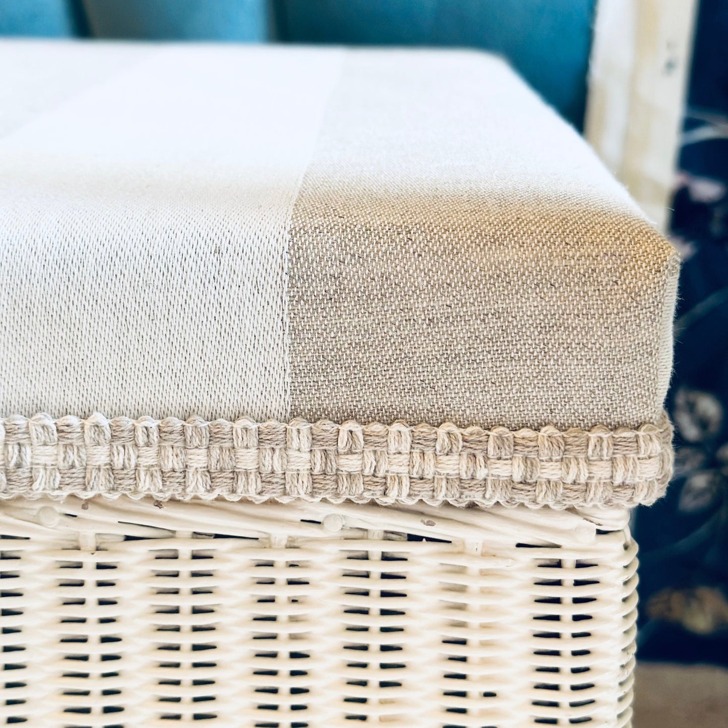 Upholstered Original Lloyd Loom Ottoman Storage Box in Cotton Linen Stripe