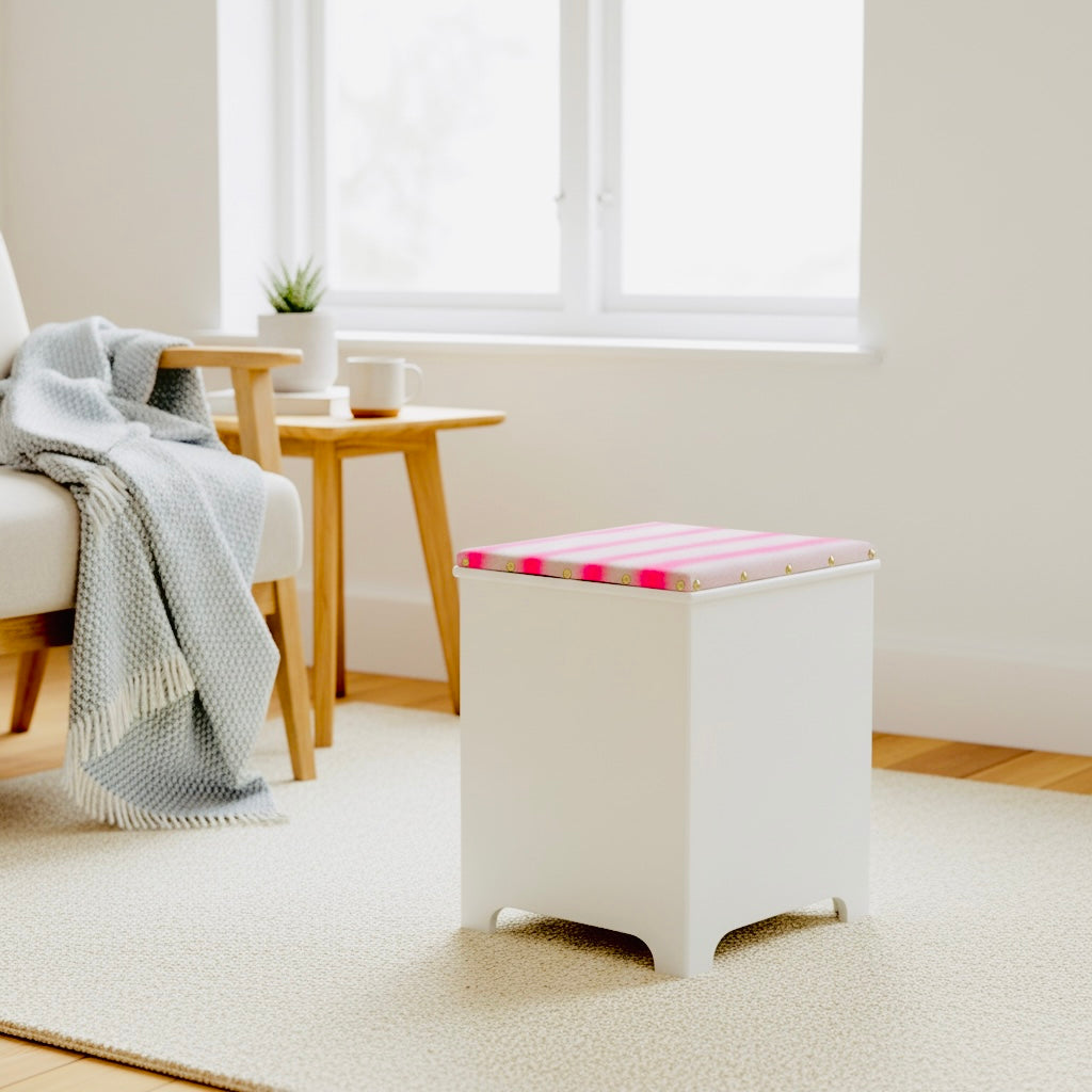 Upholstered Vintage Mex Storage Box Seat in Linen Neon Stripe